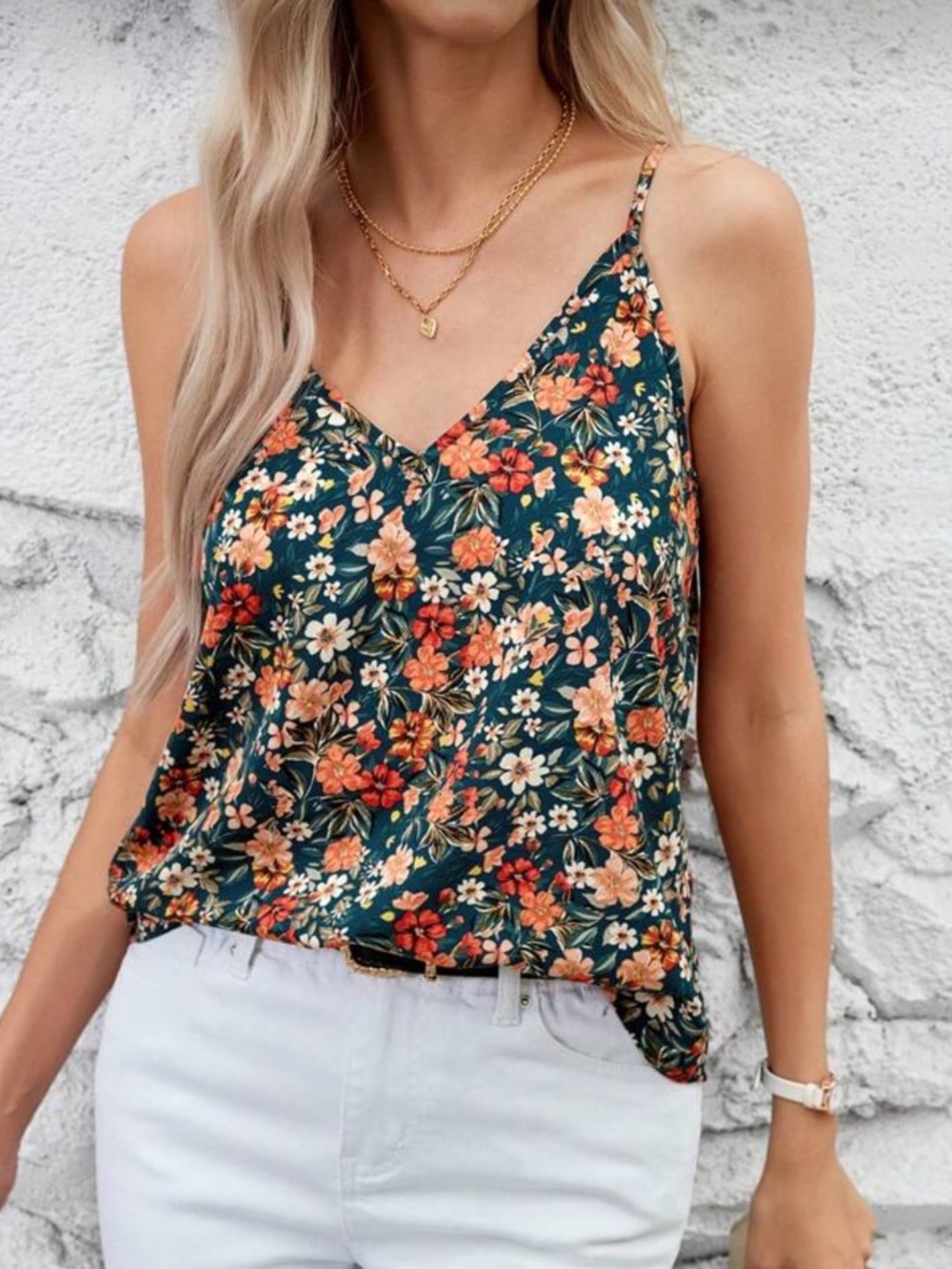 Floral V-Neck Spaghetti Strap Tank Top - Teal/Coral